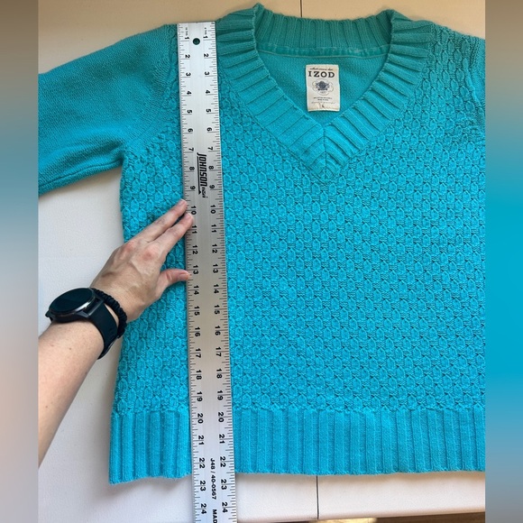 IZOD Women’s V-Neck Textured Knit Turquoise Sweater Size Large - Picture 6 of 9